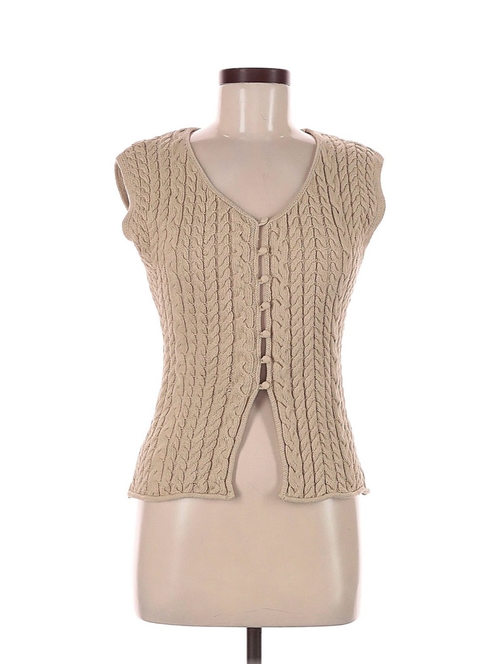 Zara Beige Cable-Knit V-Neck Sleeveless Sweater
